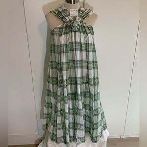 No. 21 - sleeveless, belted, mid-calf cotton dress.  Green, white, tan